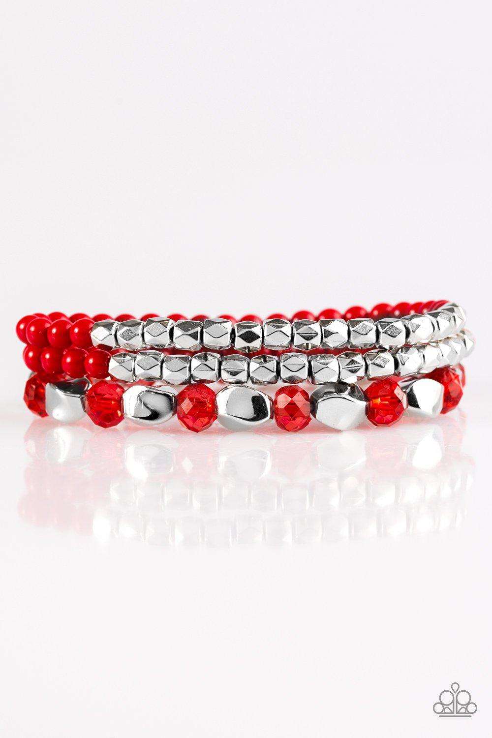 Beaded Bravado Red and Silver Bracelet Set - Paparazzi Accessories-CarasShop.com - $5 Jewelry by Cara Jewels