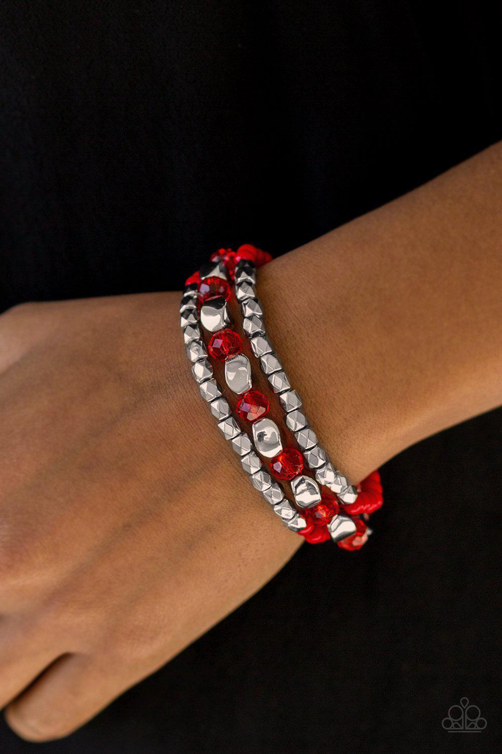 Beaded Bravado Red and Silver Bracelet Set - Paparazzi Accessories-CarasShop.com - $5 Jewelry by Cara Jewels