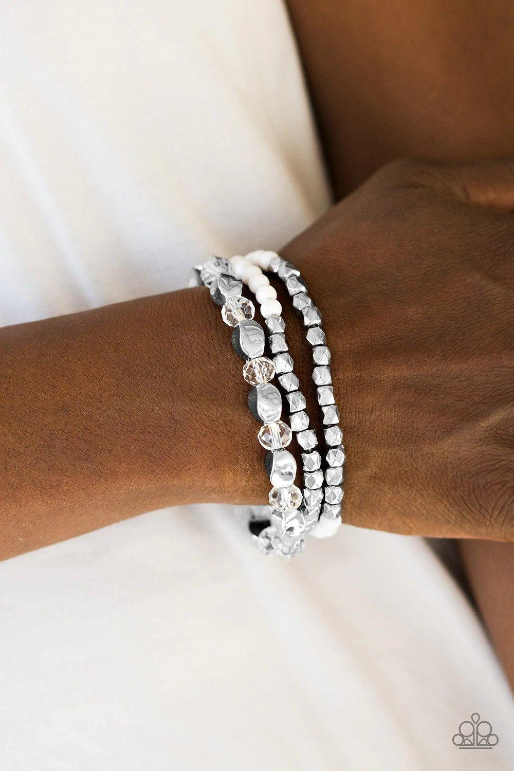 Beaded Bravado White Bracelet - Paparazzi Accessories- on model - CarasShop.com - $5 Jewelry by Cara Jewels