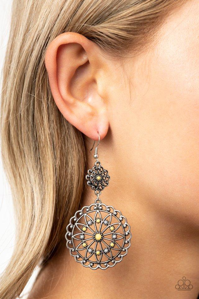 Beaded Brilliance Yellow and Silver Earrings - Paparazzi Accessories - lightbox -CarasShop.com - $5 Jewelry by Cara Jewels