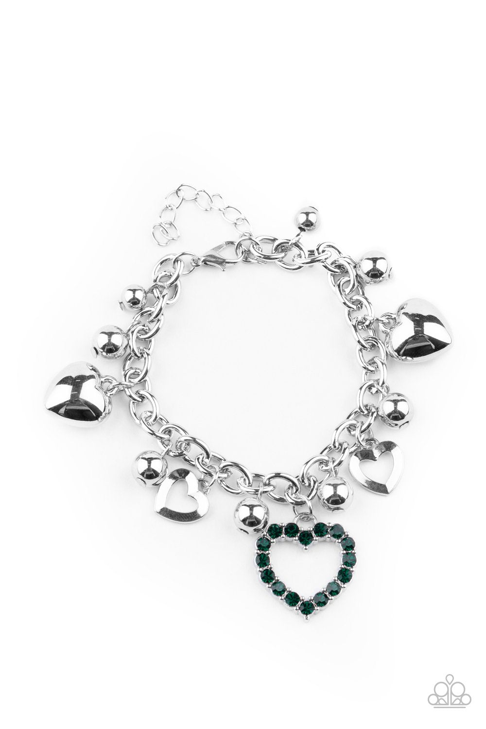 Beautifully Big-Hearted Green Rhinestone and Silver Heart Charm Bracelet - Paparazzi Accessories - lightbox -CarasShop.com - $5 Jewelry by Cara Jewels