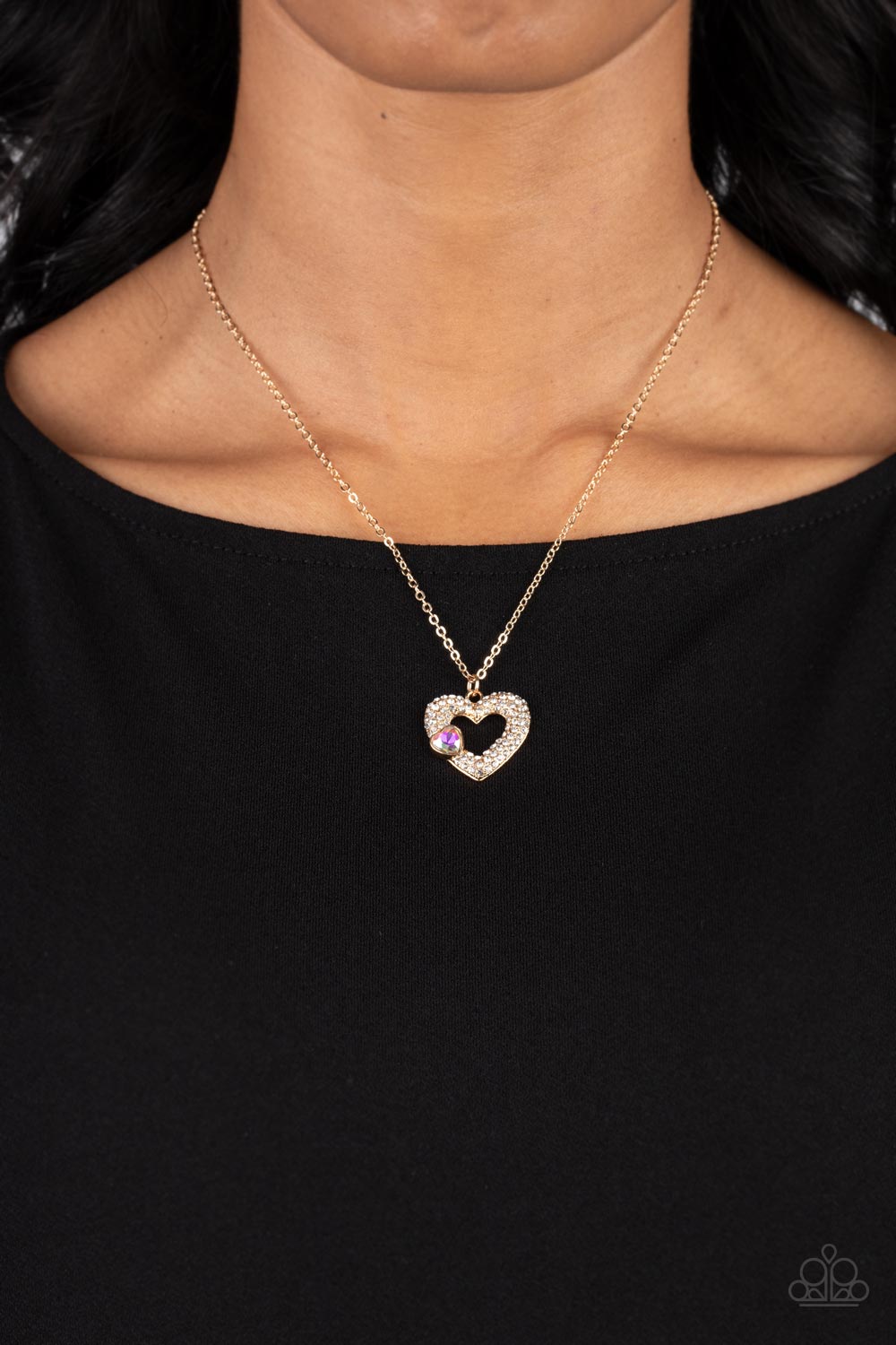 Bedazzled Bliss Multi &amp; Gold Heart Necklace - Paparazzi Accessories-on model - CarasShop.com - $5 Jewelry by Cara Jewels