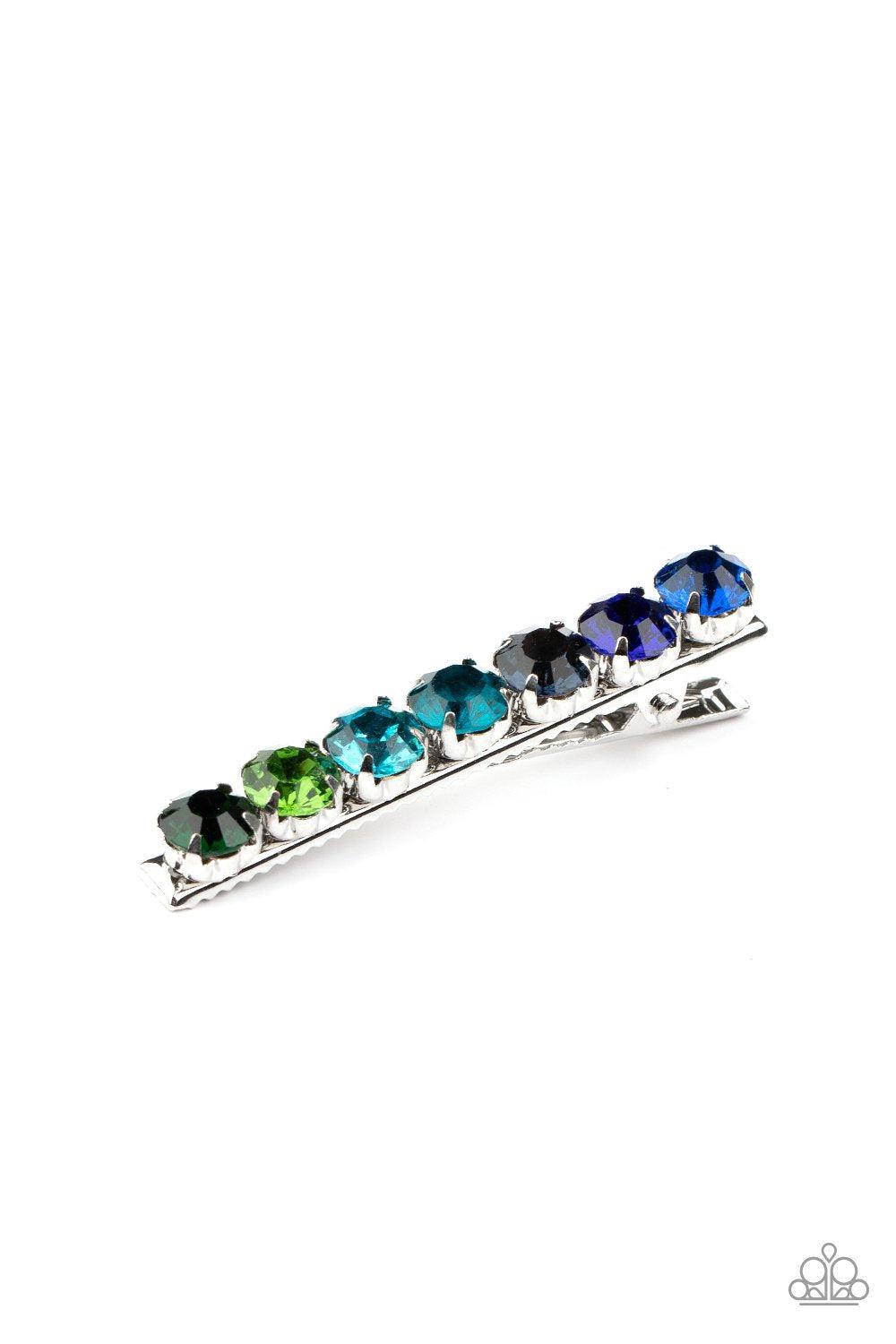 Bedazzling Beauty Multi-color Blue and Green Rhinestone Hair Clip - Paparazzi Accessories-CarasShop.com - $5 Jewelry by Cara Jewels