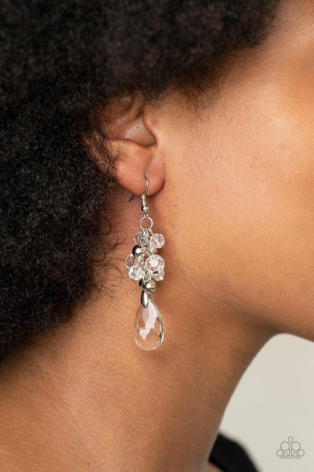 Before and AFTERGLOW White and Silver Earrings - Paparazzi Accessories- model - CarasShop.com - $5 Jewelry by Cara Jewels