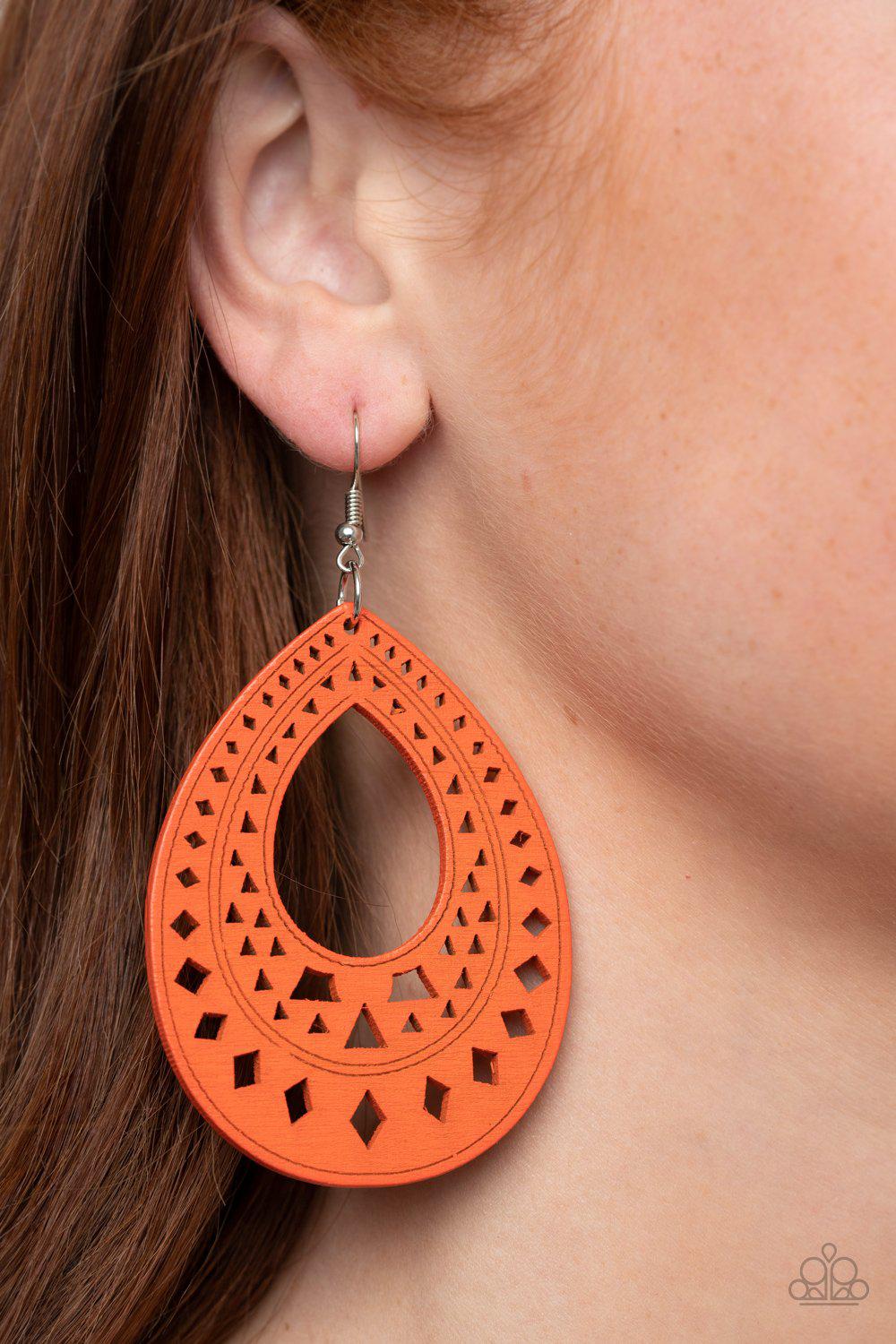 Belize Beauty Orange Wood Earrings - Paparazzi Accessories - model -CarasShop.com - $5 Jewelry by Cara Jewels