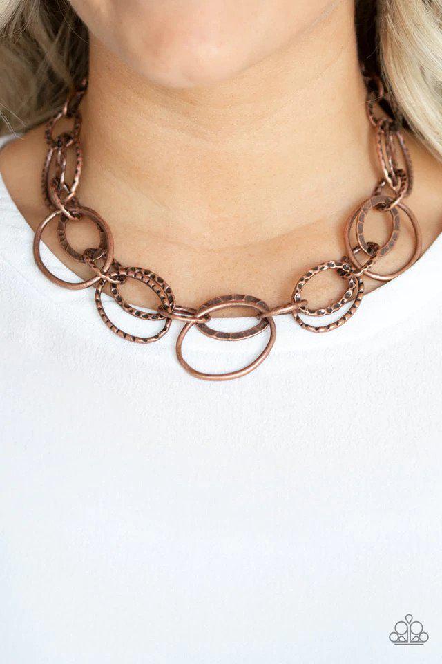 Bend OVAL Backwards Copper Necklace - Paparazzi Accessories- on model - CarasShop.com - $5 Jewelry by Cara Jewels