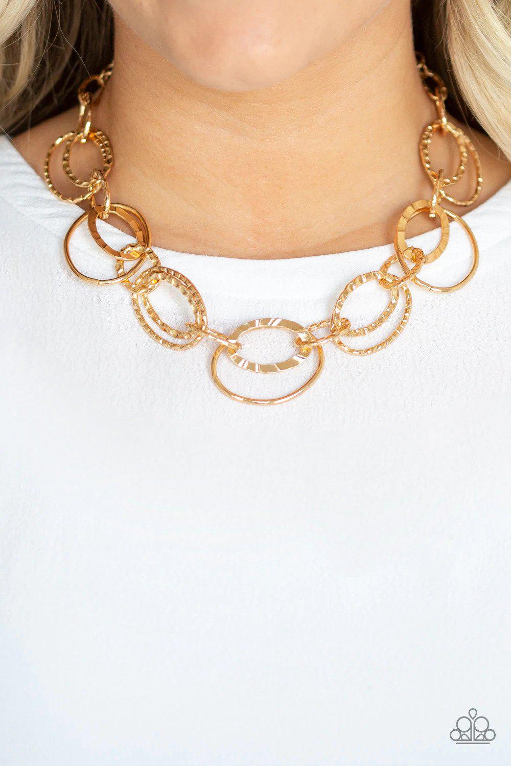 Bend OVAL Backwards Gold Necklace - Paparazzi Accessories- on model - CarasShop.com - $5 Jewelry by Cara Jewels
