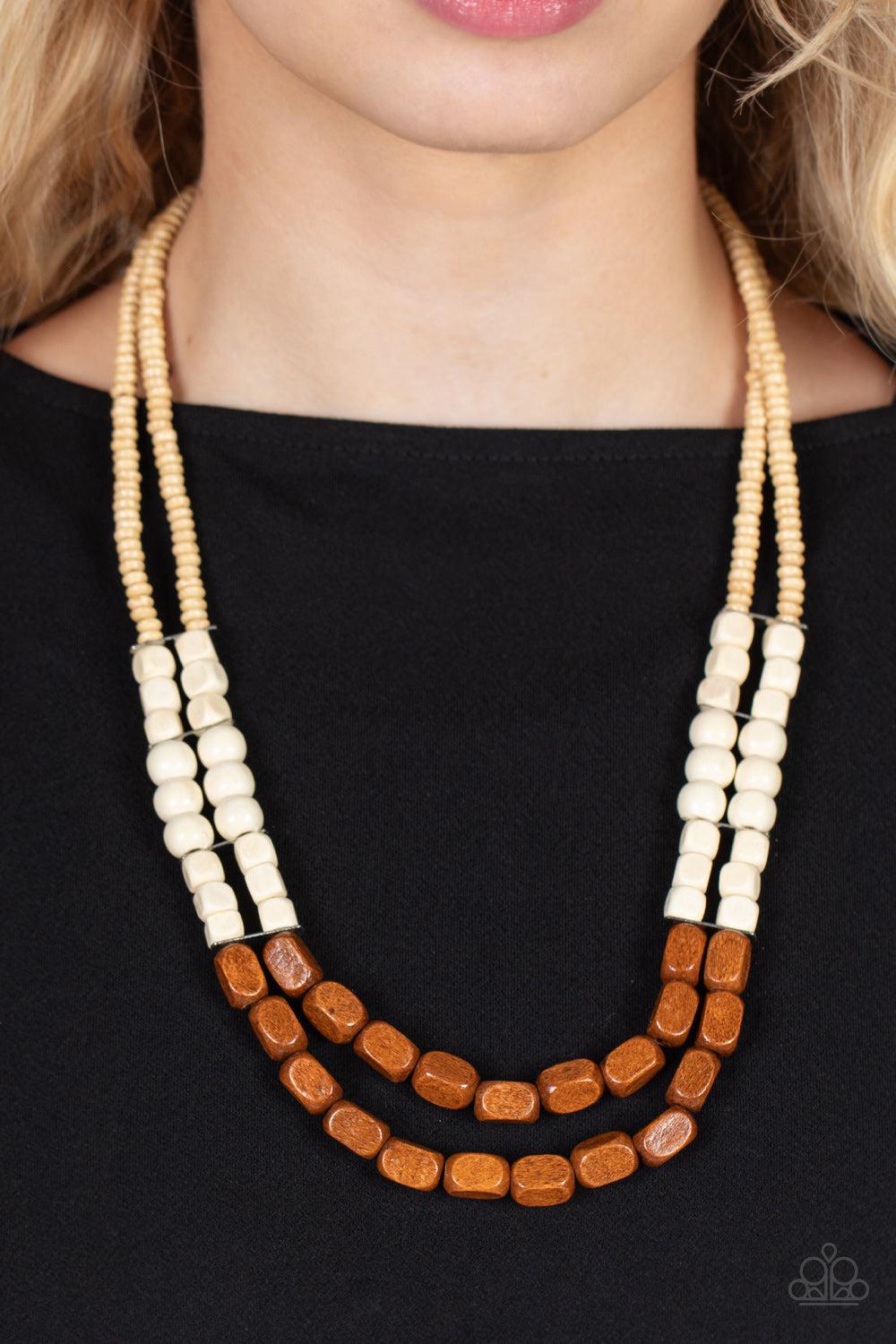 Bermuda Bellhop Brown &amp; White Wood Necklace - Paparazzi Accessories-on model - CarasShop.com - $5 Jewelry by Cara Jewels