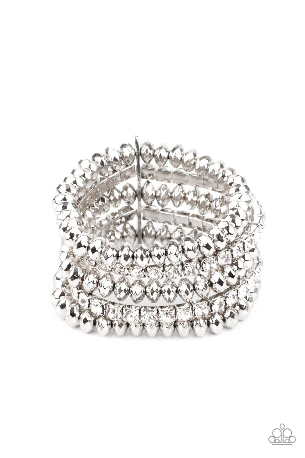 Best of LUXE White Rhinestone and Silver Stacked Bracelet - Paparazzi Accessories LOTP Exclusive March 2021 - lightbox -CarasShop.com - $5 Jewelry by Cara Jewels