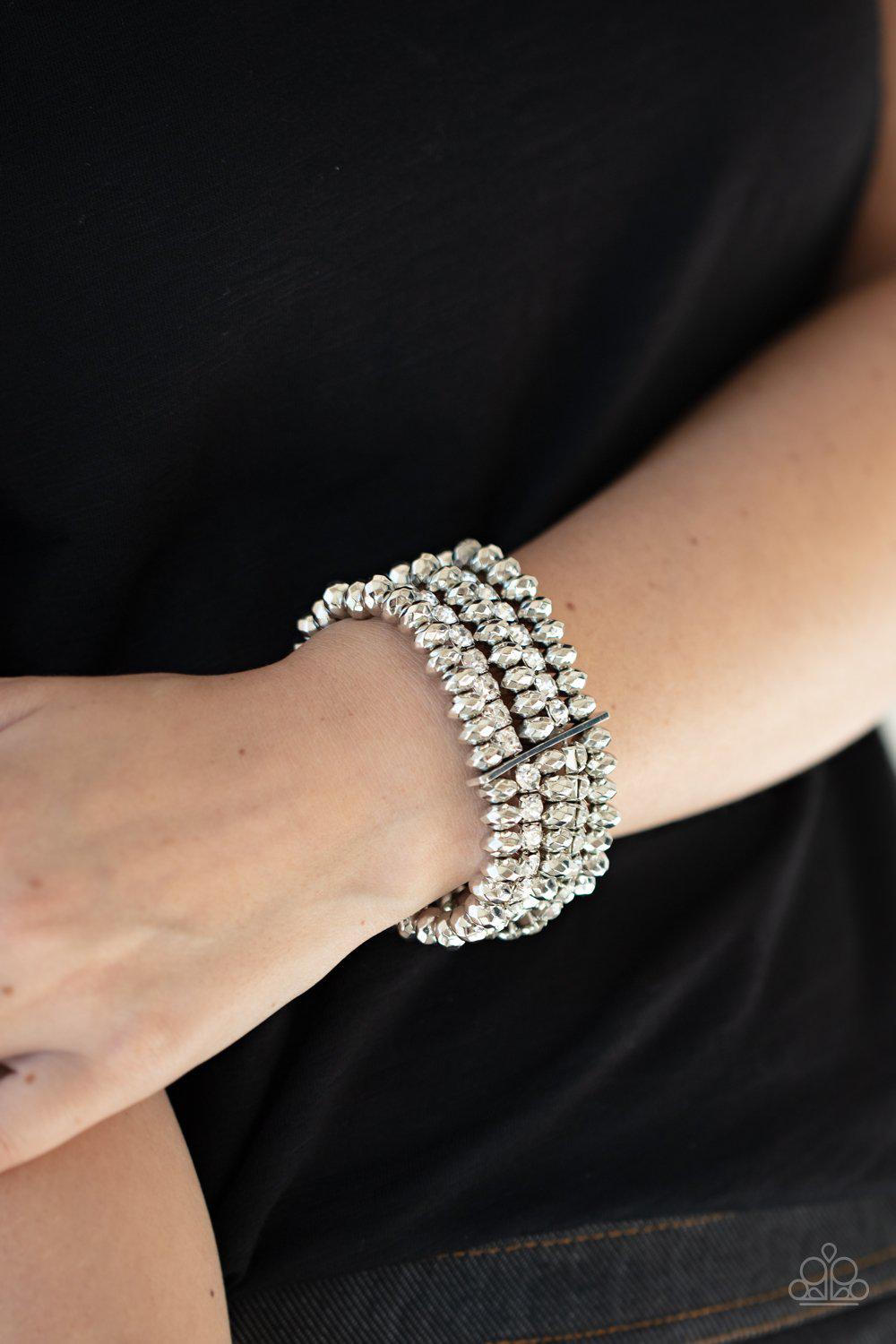 Best of LUXE White Rhinestone and Silver Stacked Bracelet - Paparazzi Accessories LOTP Exclusive March 2021 - model -CarasShop.com - $5 Jewelry by Cara Jewels