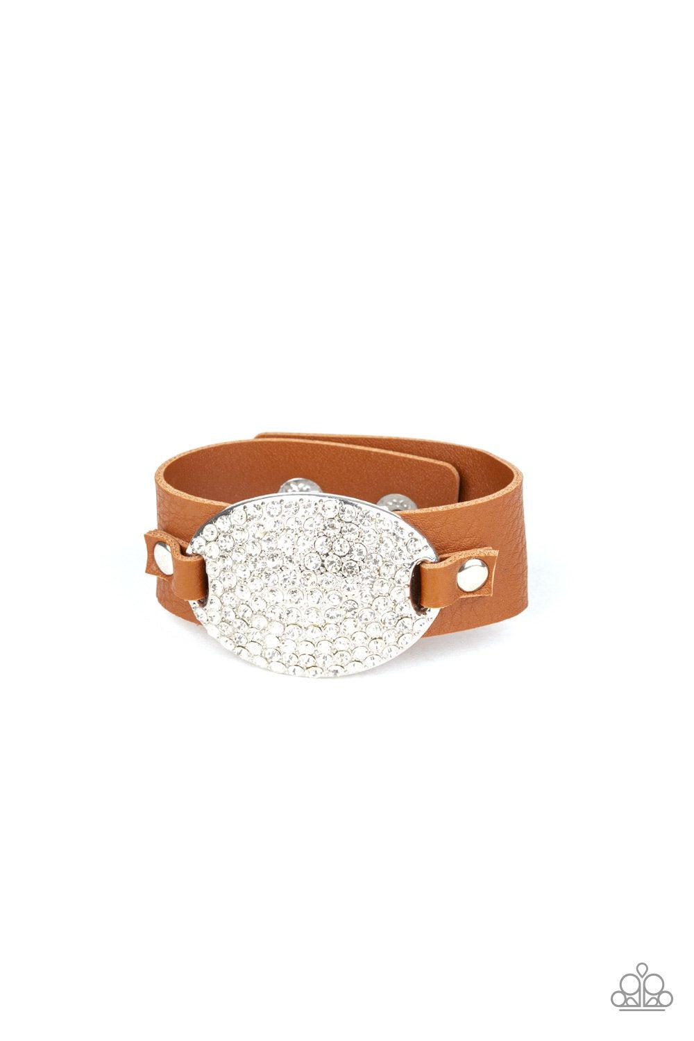 Better Recognize Brown Leather and White Rhinestone Urban Wrap Snap Bracelet - Paparazzi Accessories-CarasShop.com - $5 Jewelry by Cara Jewels