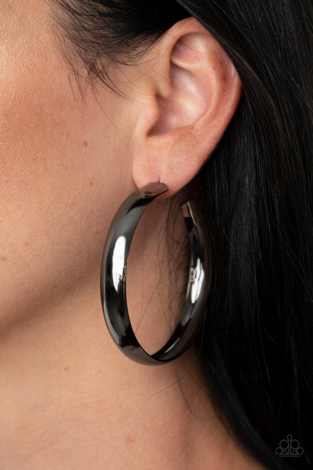 BEVEL In It Gunmetal Black Hoop Earrings - Paparazzi Accessories - model -CarasShop.com - $5 Jewelry by Cara Jewels