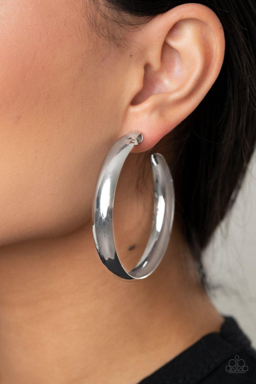 BEVEL In It Silver Hoop Earrings - Paparazzi Accessories - model -CarasShop.com - $5 Jewelry by Cara Jewels