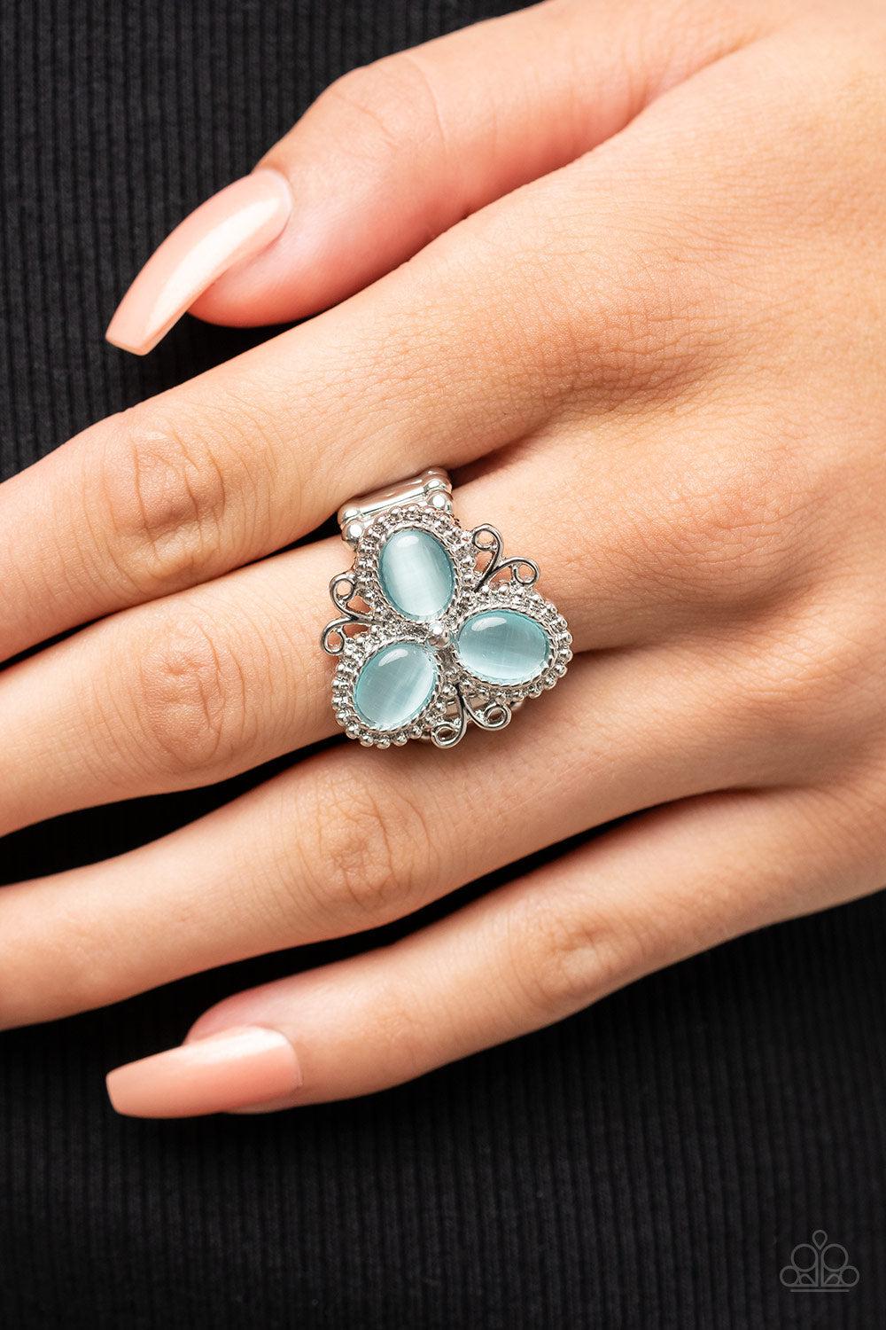 Bewitched Blossoms Blue Cat&#39;s Eye Stone Ring - Paparazzi Accessories-on model - CarasShop.com - $5 Jewelry by Cara Jewels