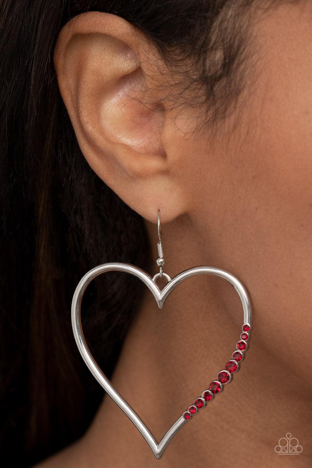 Bewitched Kiss Red Rhinestone Heart Earrings - Paparazzi Accessories- on model - CarasShop.com - $5 Jewelry by Cara Jewels