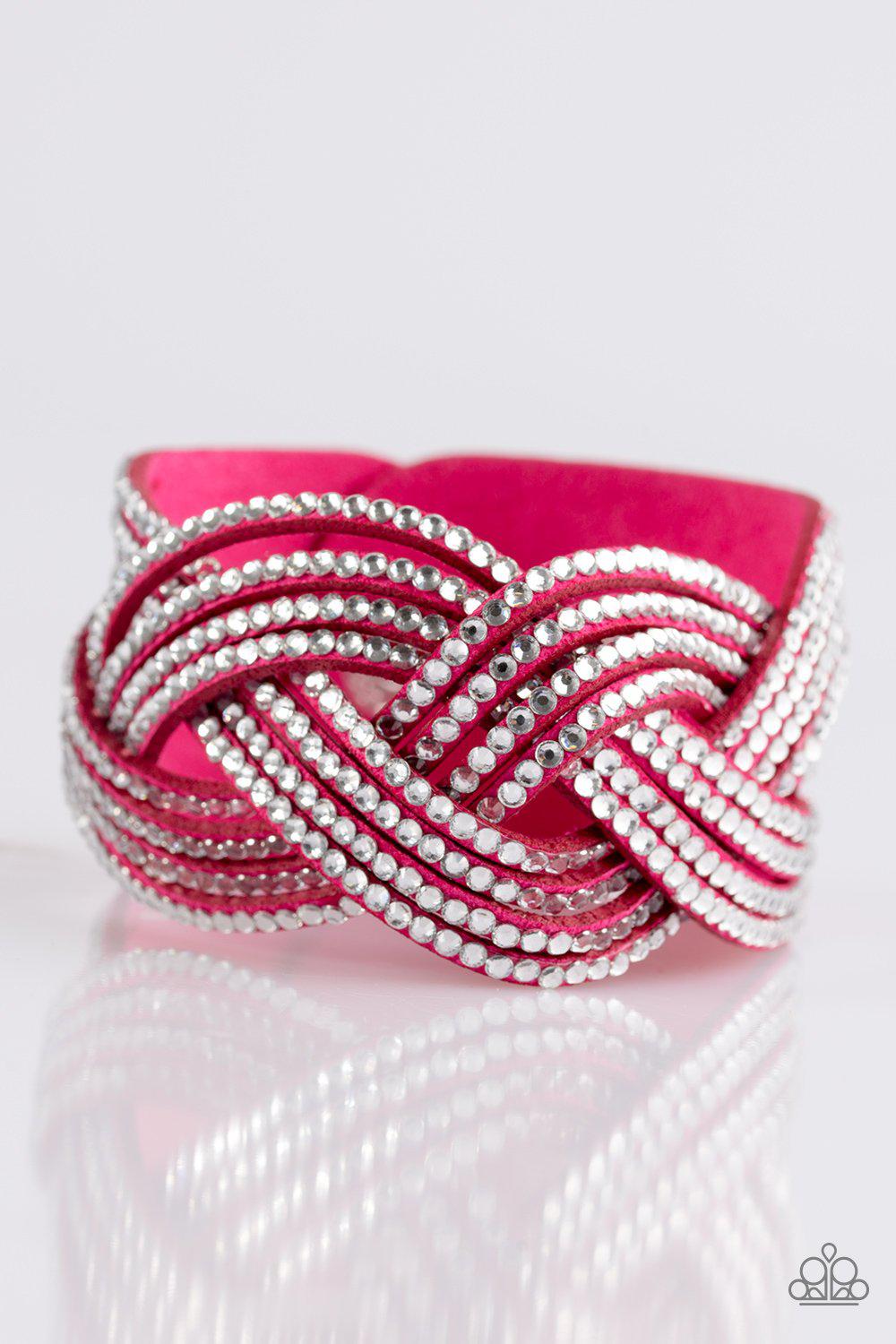 Big City Shimmer Hot Pink and White Braided Wrap Snap Bracelet - Paparazzi Accessories-CarasShop.com - $5 Jewelry by Cara Jewels