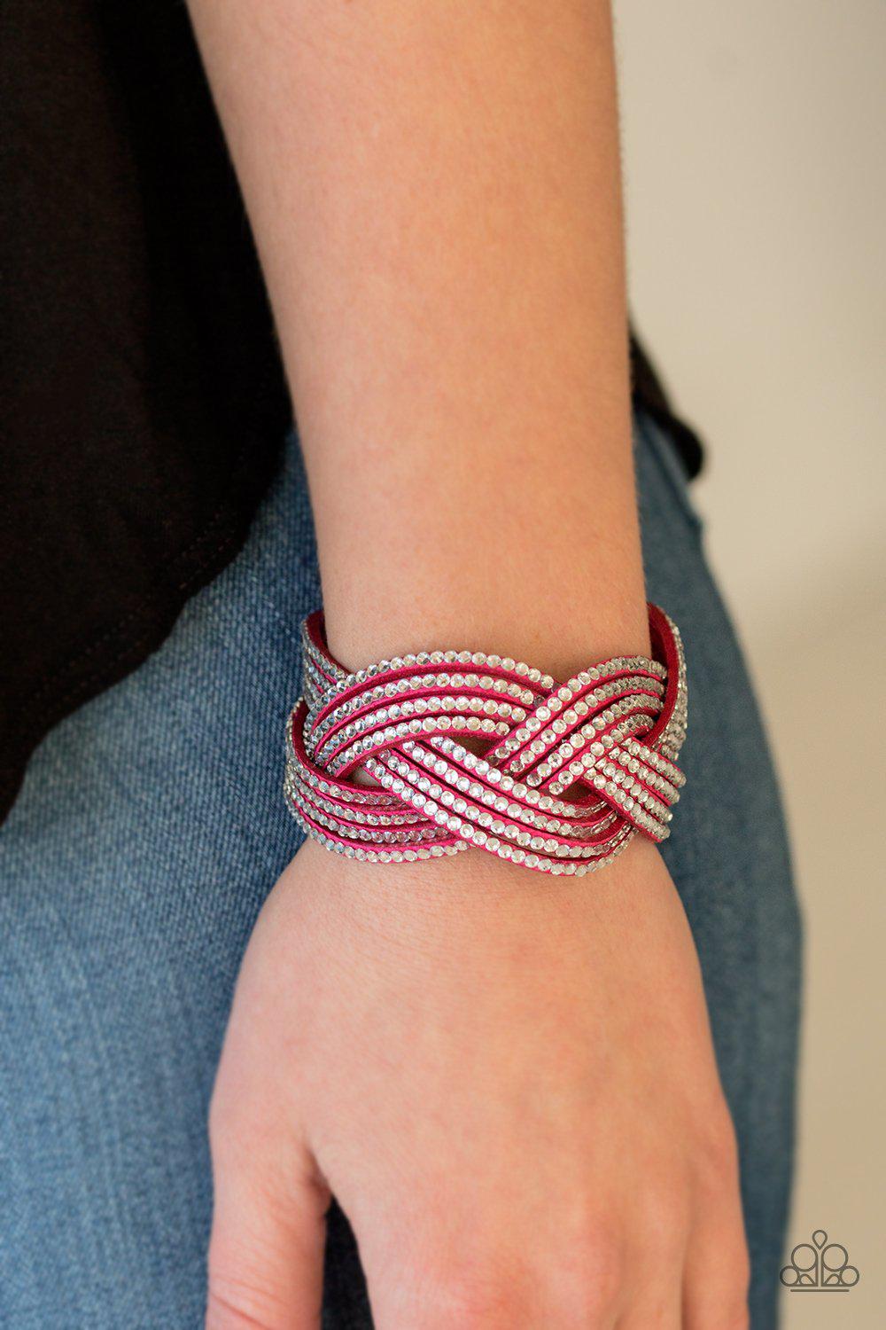 Big City Shimmer Hot Pink and White Braided Wrap Snap Bracelet - Paparazzi Accessories-CarasShop.com - $5 Jewelry by Cara Jewels