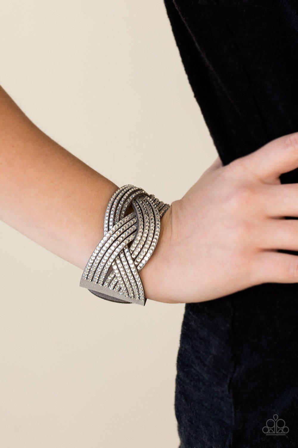 Big City Shimmer Silver and White Braided Wrap Snap Bracelet - Paparazzi Accessories-CarasShop.com - $5 Jewelry by Cara Jewels