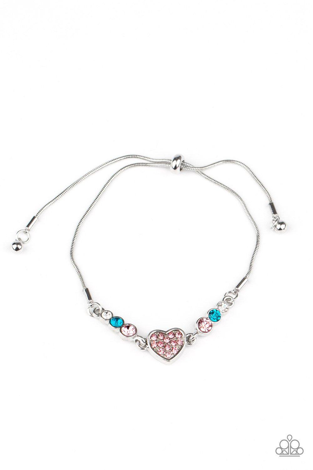 Big-Hearted Beam Multi Blue and Pink Rhinestone Heart Slide Bracelet - Paparazzi Accessories - lightbox -CarasShop.com - $5 Jewelry by Cara Jewels