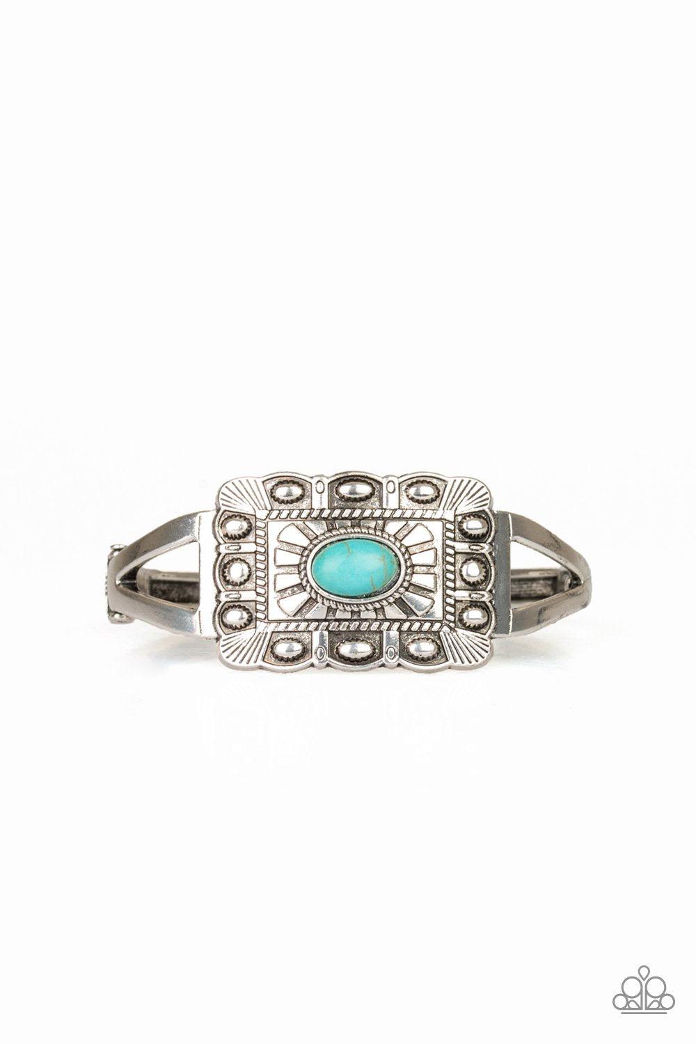 BIG House On The Prairie Silver and Turquoise Blue Stone Hinged Bracelet - Paparazzi Accessories-CarasShop.com - $5 Jewelry by Cara Jewels