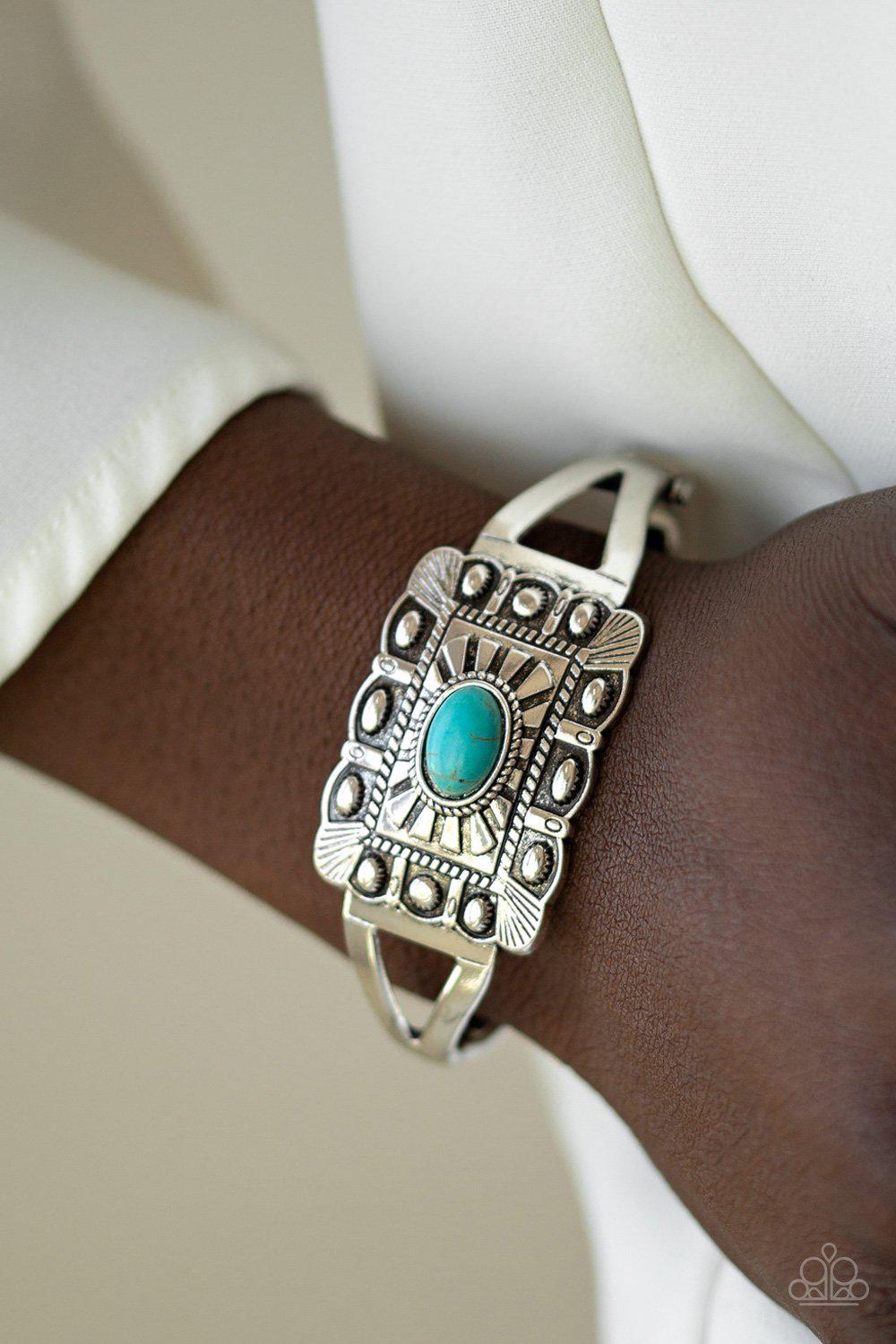 BIG House On The Prairie Silver and Turquoise Blue Stone Hinged Bracelet - Paparazzi Accessories-CarasShop.com - $5 Jewelry by Cara Jewels