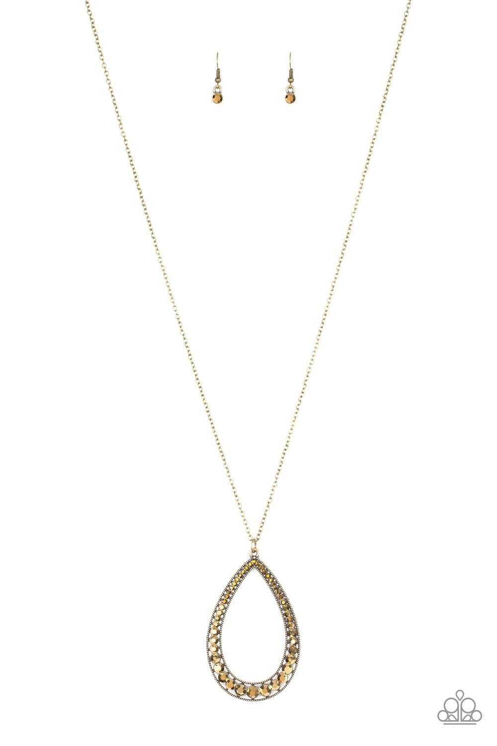 Big Ticket Twinkle Brass Teardrop Necklace - Paparazzi Accessories - lightbox -CarasShop.com - $5 Jewelry by Cara Jewels