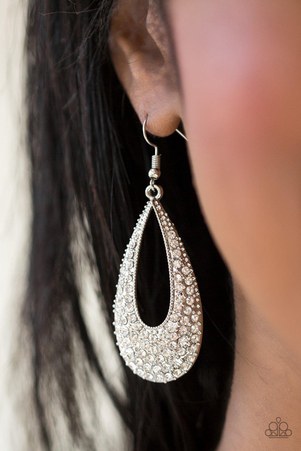 Big-Time Spender White Rhinestone Earrings - Paparazzi Accessories-CarasShop.com - $5 Jewelry by Cara Jewels