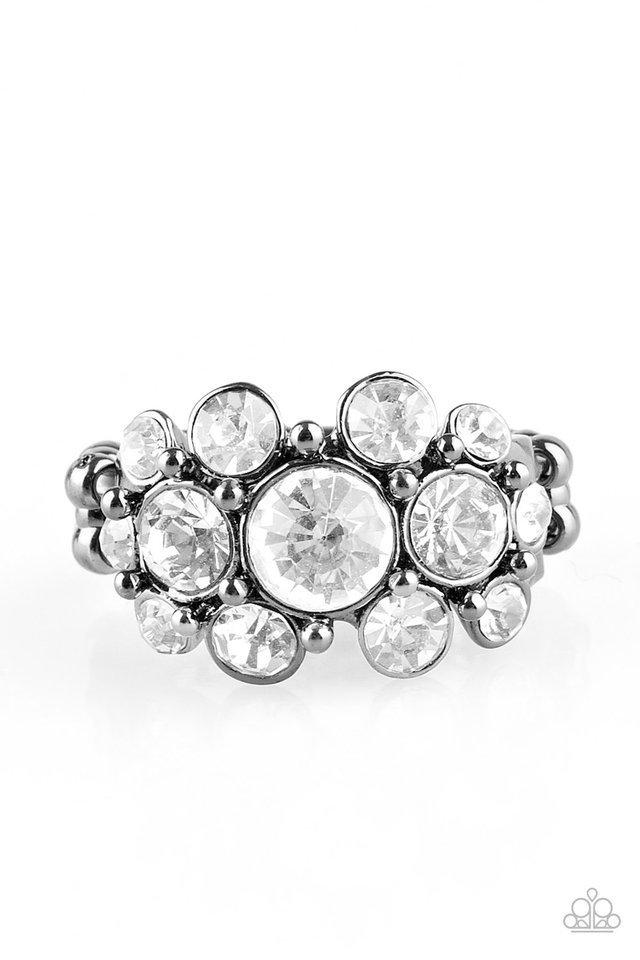 Billion Dollar Bombshell Gunmetal and White Rhinestone Ring - Paparazzi Accessories-CarasShop.com - $5 Jewelry by Cara Jewels