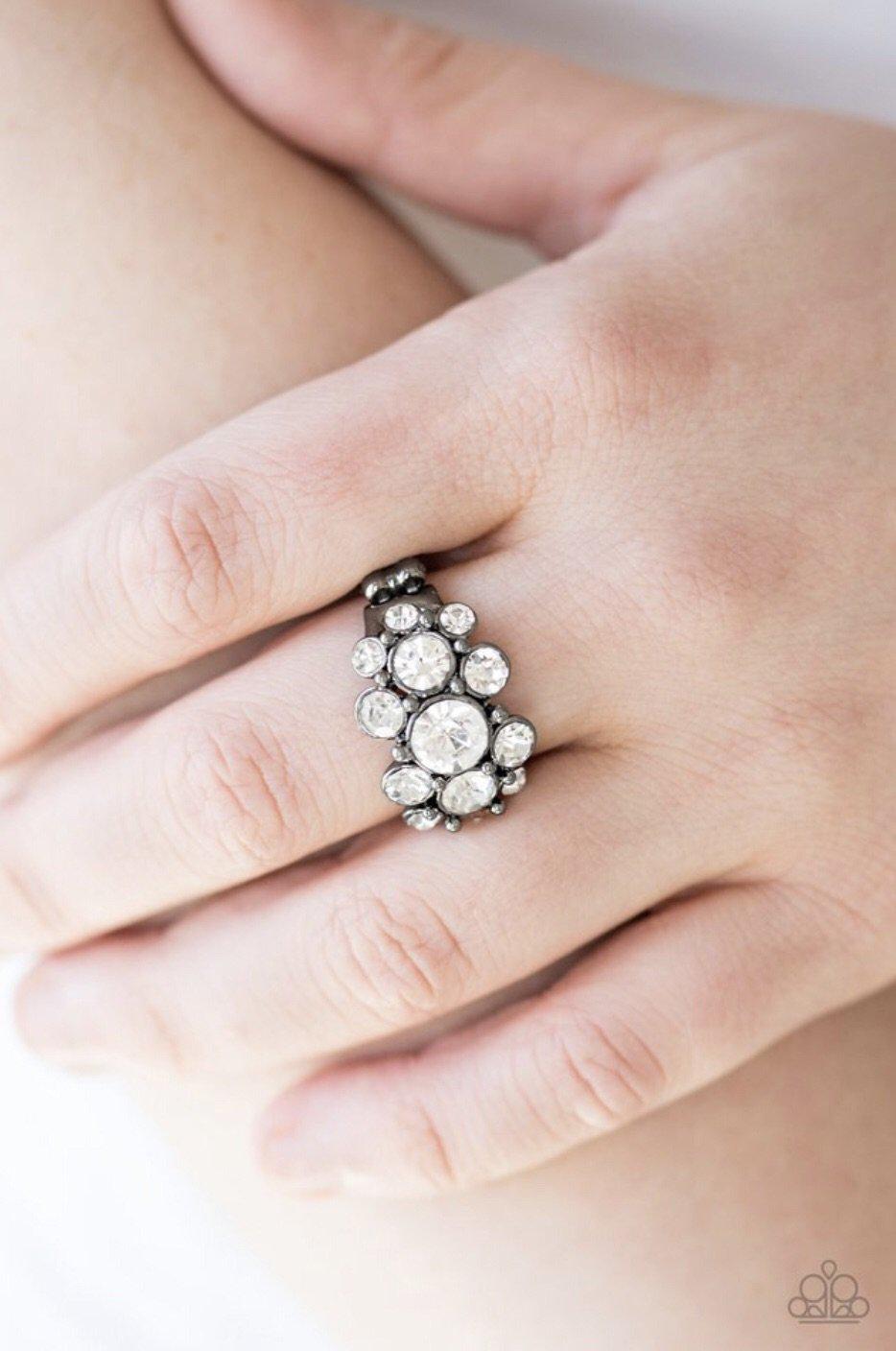 Billion Dollar Bombshell Gunmetal and White Rhinestone Ring - Paparazzi Accessories-CarasShop.com - $5 Jewelry by Cara Jewels