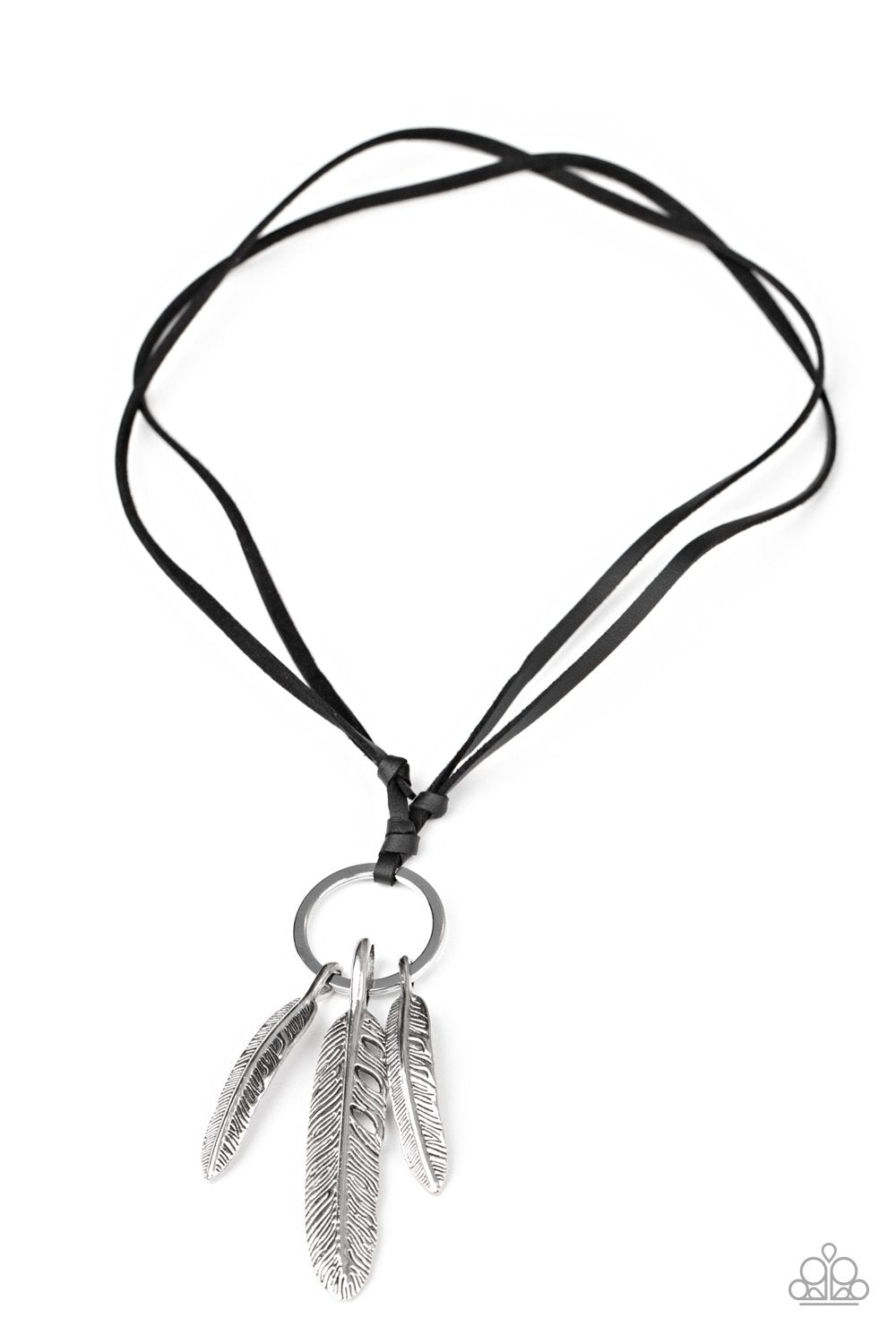 Bird Watcher Black Leather and Silver Feather Urban Necklace - Paparazzi Accessories - lightbox -CarasShop.com - $5 Jewelry by Cara Jewels