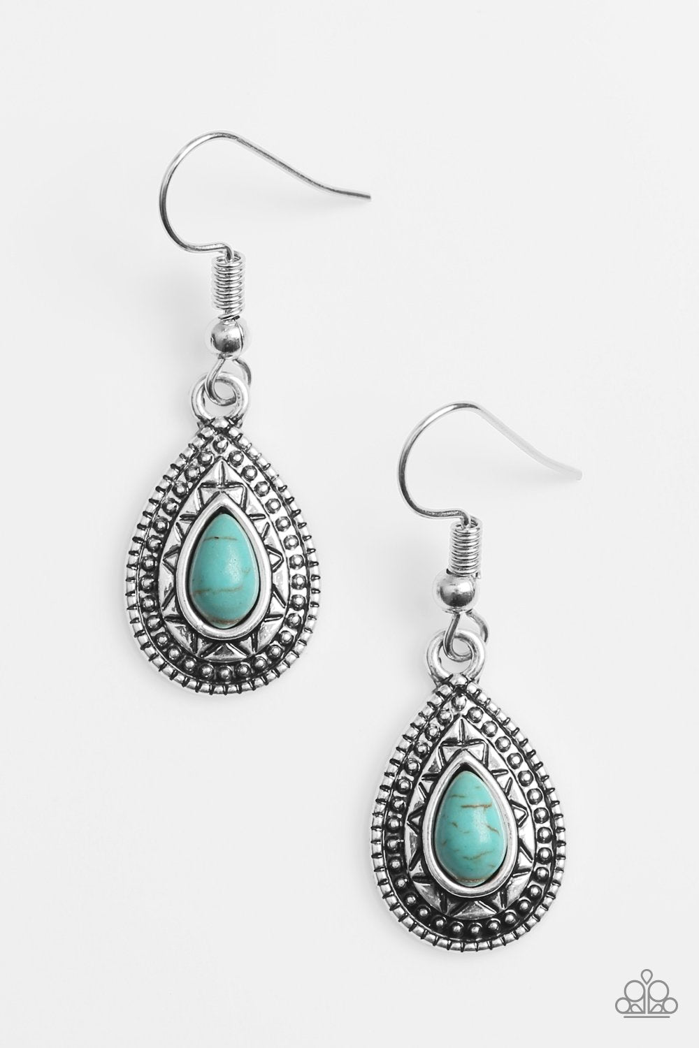 Blazing Beauty Turquoise Blue Stone Teardrop Earrings - Paparazzi Accessories-CarasShop.com - $5 Jewelry by Cara Jewels