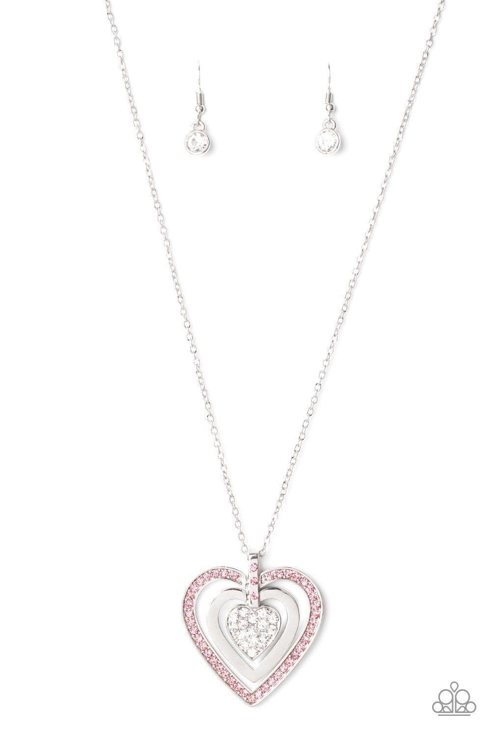 Bless Your Heart Pink and White Rhinestone Heart Necklace - Paparazzi Accessories - lightbox -CarasShop.com - $5 Jewelry by Cara Jewels