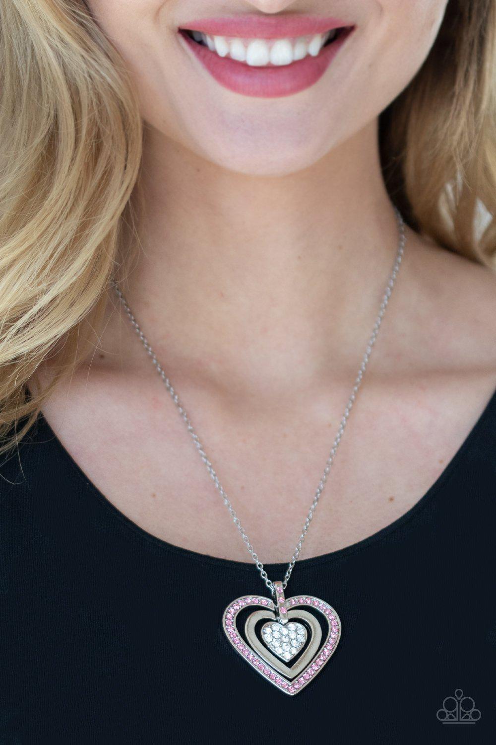 Bless Your Heart Pink and White Rhinestone Heart Necklace - Paparazzi Accessories - model -CarasShop.com - $5 Jewelry by Cara Jewels