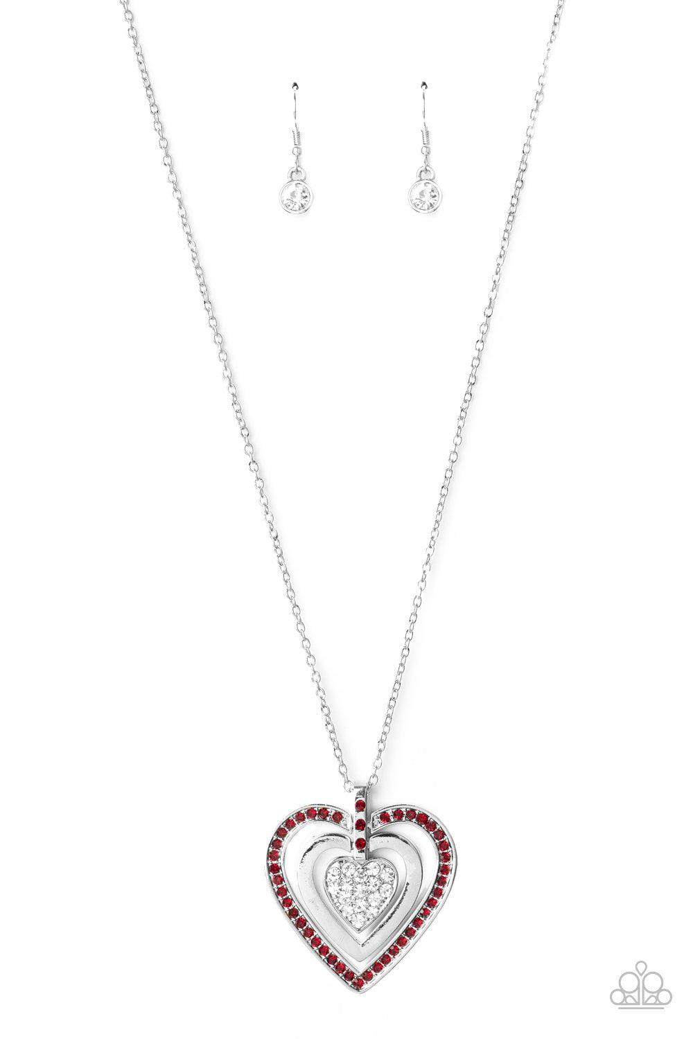 Bless Your Heart Red and White Rhinestone Heart Necklace - Paparazzi Accessories - lightbox -CarasShop.com - $5 Jewelry by Cara Jewels