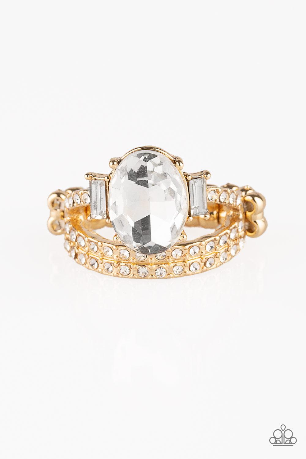 Bling Queen Gold and White Rhinestone Ring - Paparazzi Accessories- lightbox - CarasShop.com - $5 Jewelry by Cara Jewels