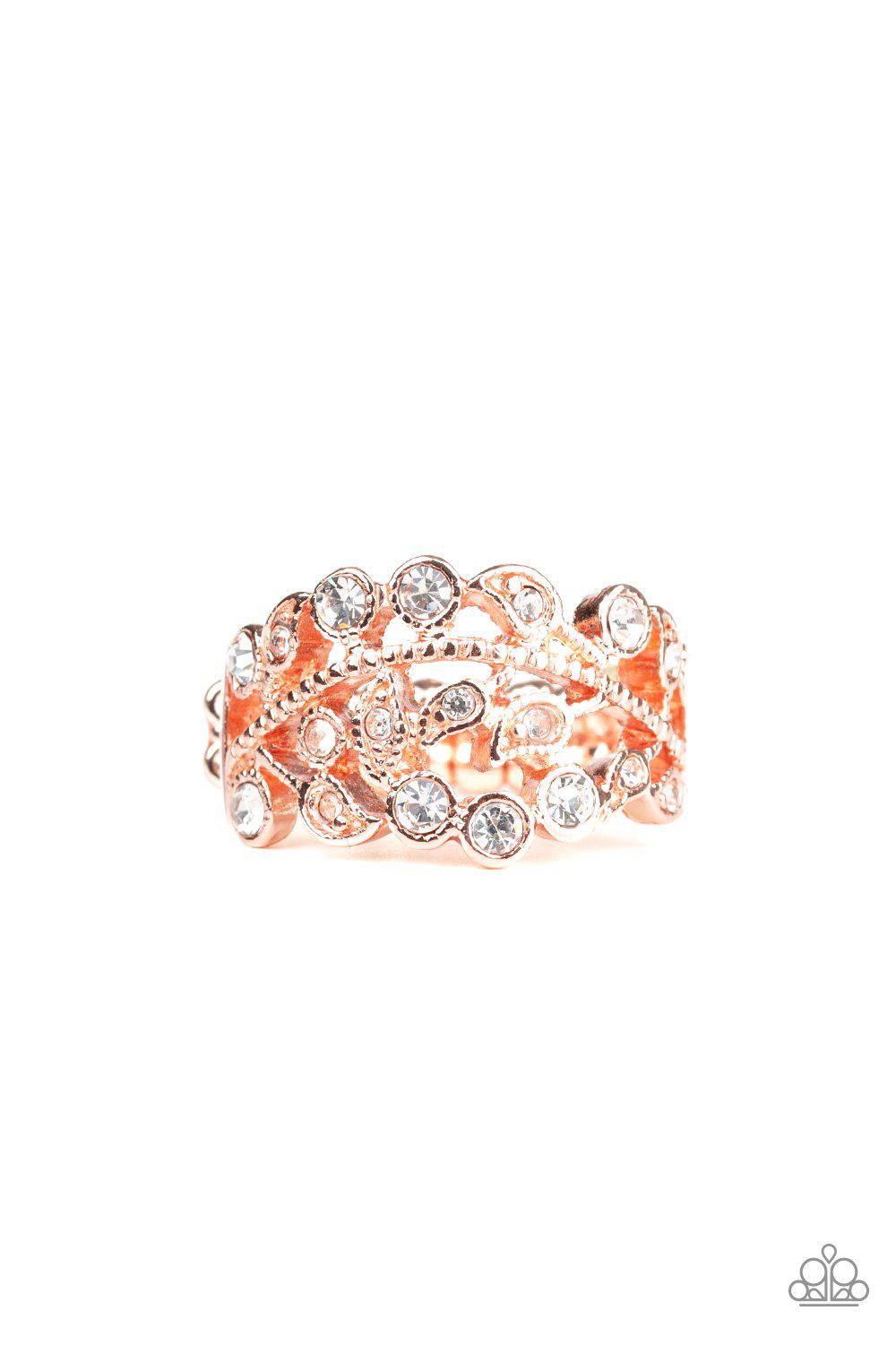 Bling Swing Copper and White Rhinestone Ring - Paparazzi Accessories-CarasShop.com - $5 Jewelry by Cara Jewels