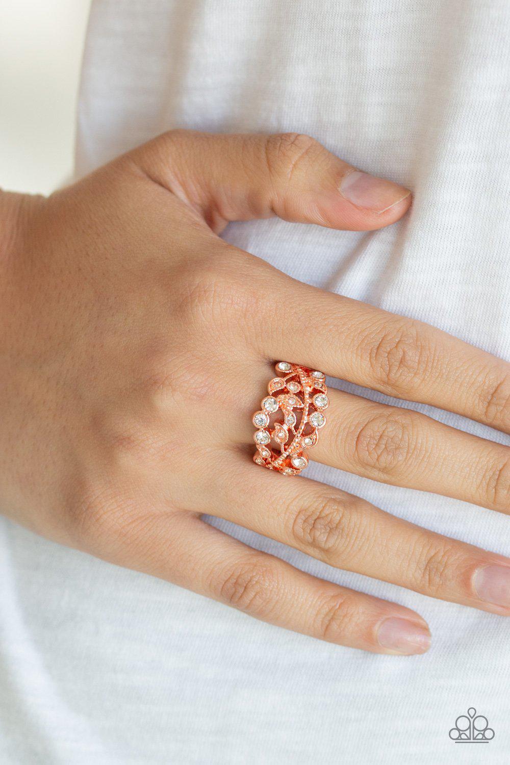 Bling Swing Copper and White Rhinestone Ring - Paparazzi Accessories-CarasShop.com - $5 Jewelry by Cara Jewels