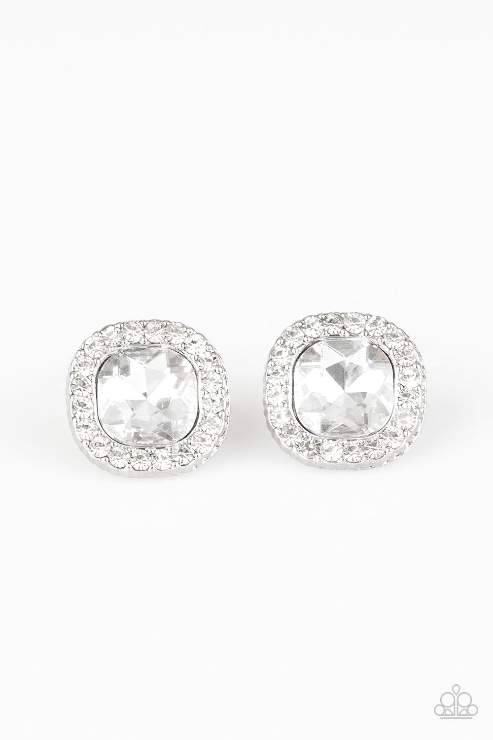 BLING-tastic! White Rhinestone Post Earrings - Paparazzi Accessories - lightbox -CarasShop.com - $5 Jewelry by Cara Jewels