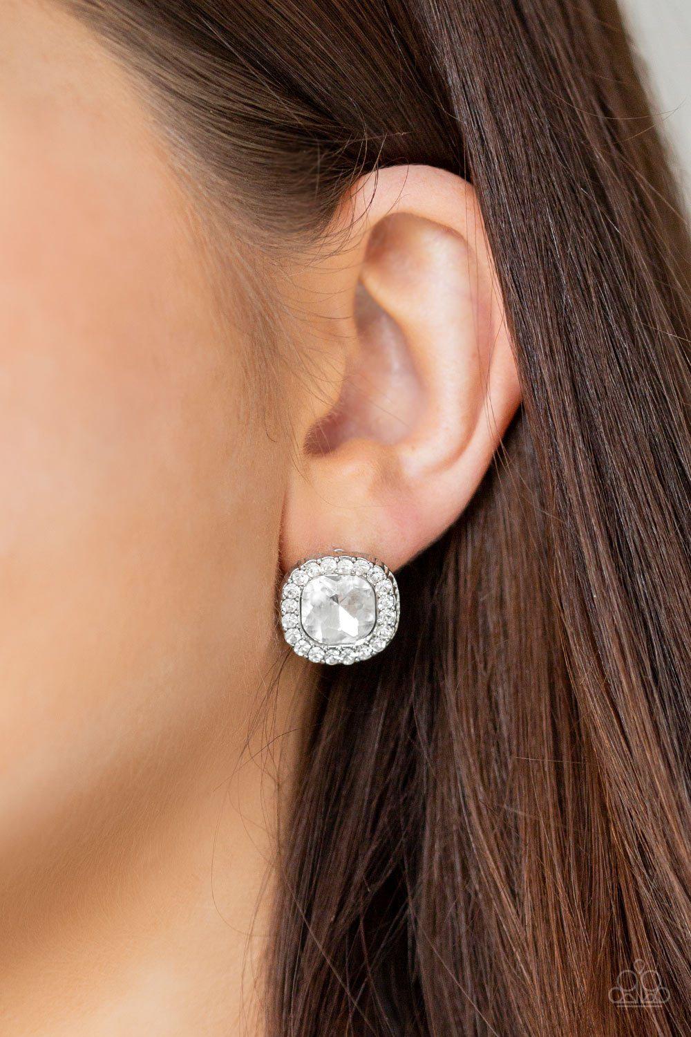 BLING-tastic! White Rhinestone Post Earrings - Paparazzi Accessories - model -CarasShop.com - $5 Jewelry by Cara Jewels