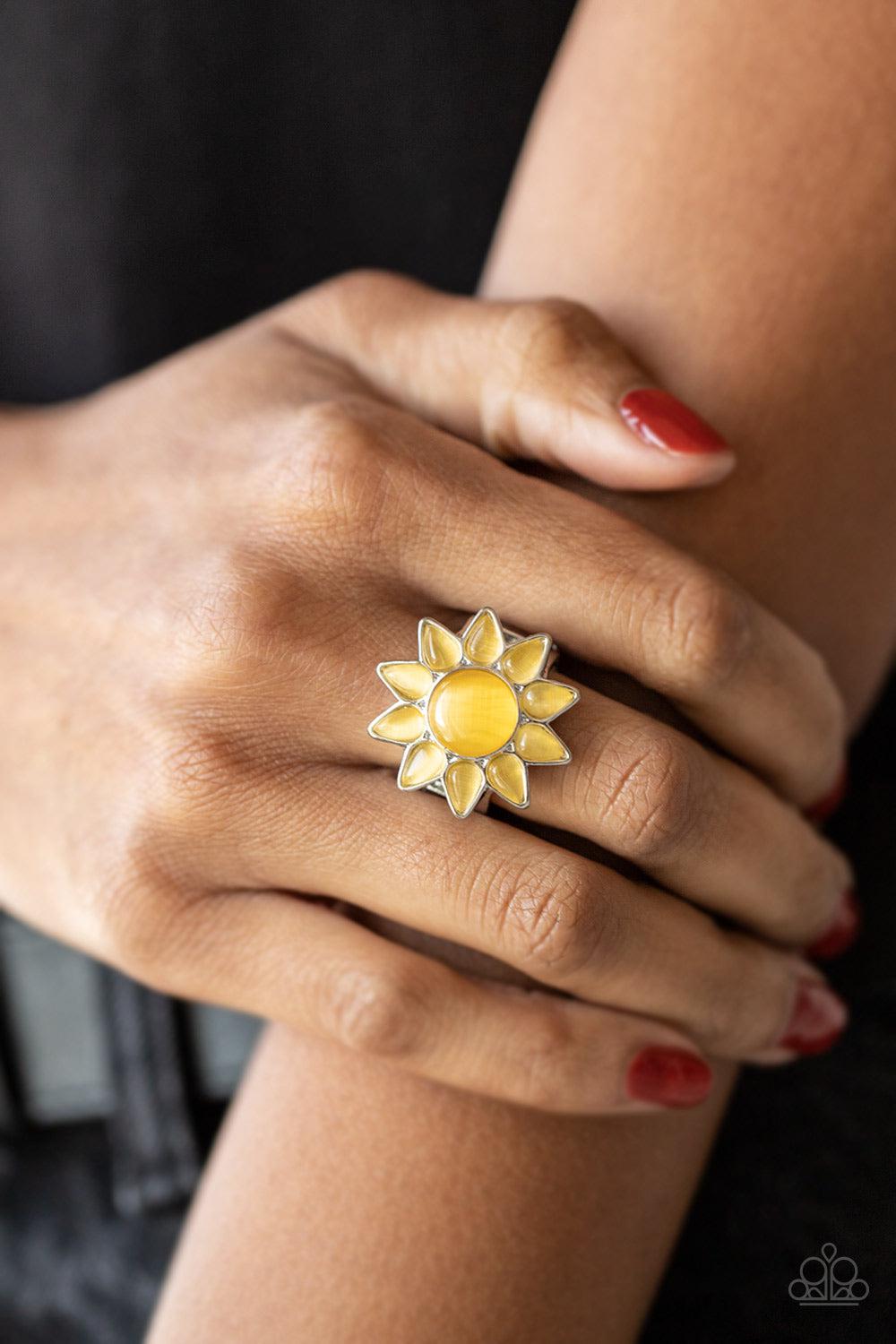 Blossoming Sunbeams Yellow Cat&#39;s Eye Stone Ring - Paparazzi Accessories-on model - CarasShop.com - $5 Jewelry by Cara Jewels