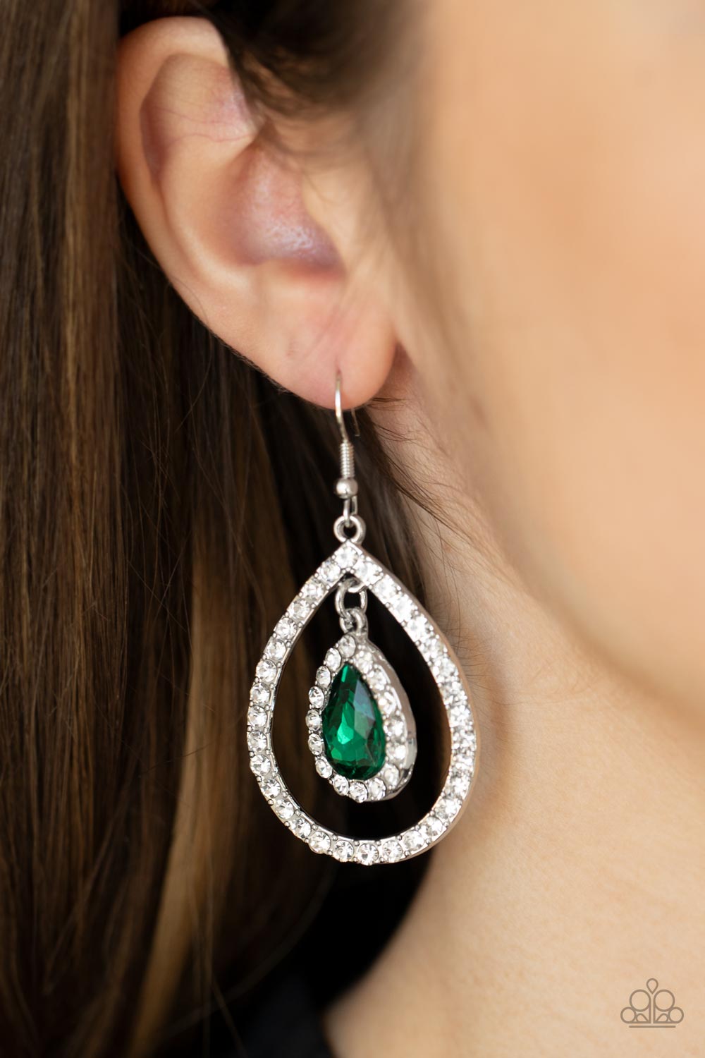 Blushing Bride Green &amp; White Rhinestone Earrings - Paparazzi Accessories-on model - CarasShop.com - $5 Jewelry by Cara Jewels