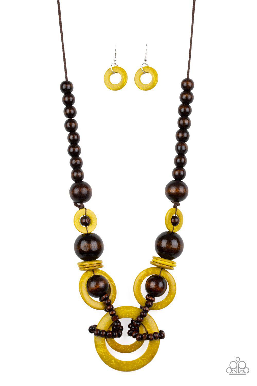 Boardwalk Party Yellow and Brown Wood Necklace - Paparazzi Accessories- lightbox - CarasShop.com - $5 Jewelry by Cara Jewels