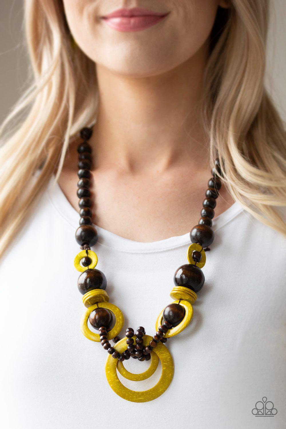 Boardwalk Party Yellow and Brown Wood Necklace - Paparazzi Accessories- model - CarasShop.com - $5 Jewelry by Cara Jewels