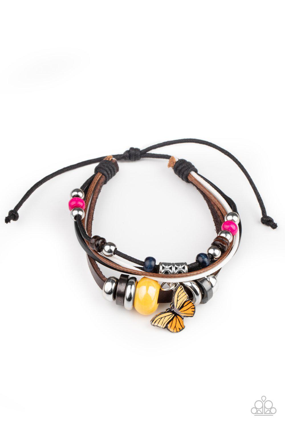 Bodacious Butterfly Multi-colored Bead and Leather Urban Knot Bracelet - Paparazzi Accessories- lightbox - CarasShop.com - $5 Jewelry by Cara Jewels