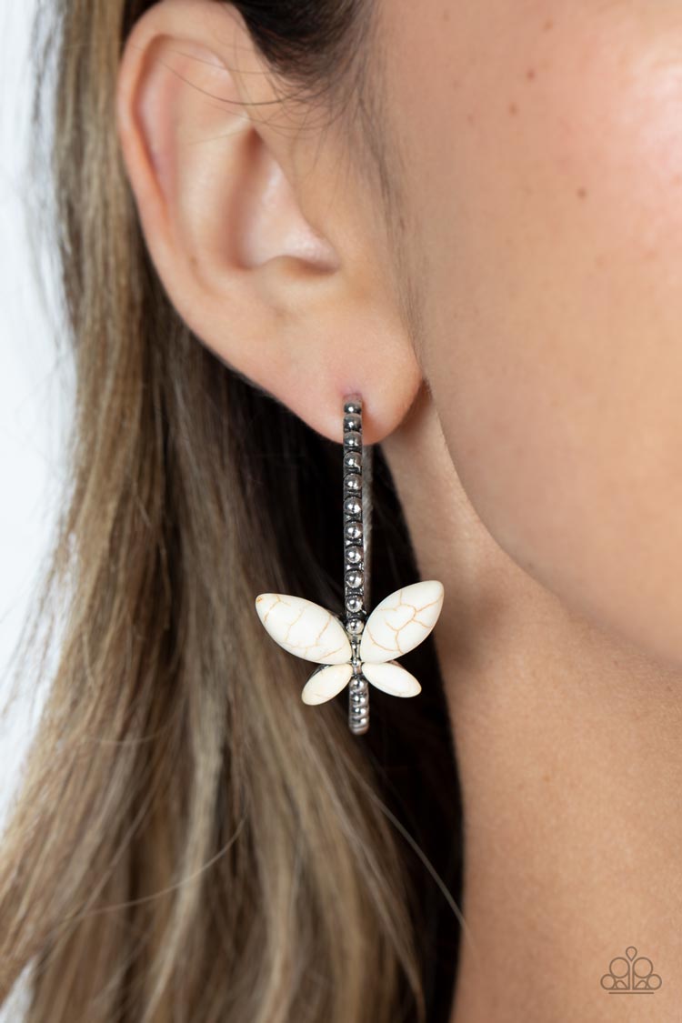 Bohemian Butterfly White Stone Hoop Earrings - Paparazzi Accessories-on model - CarasShop.com - $5 Jewelry by Cara Jewels