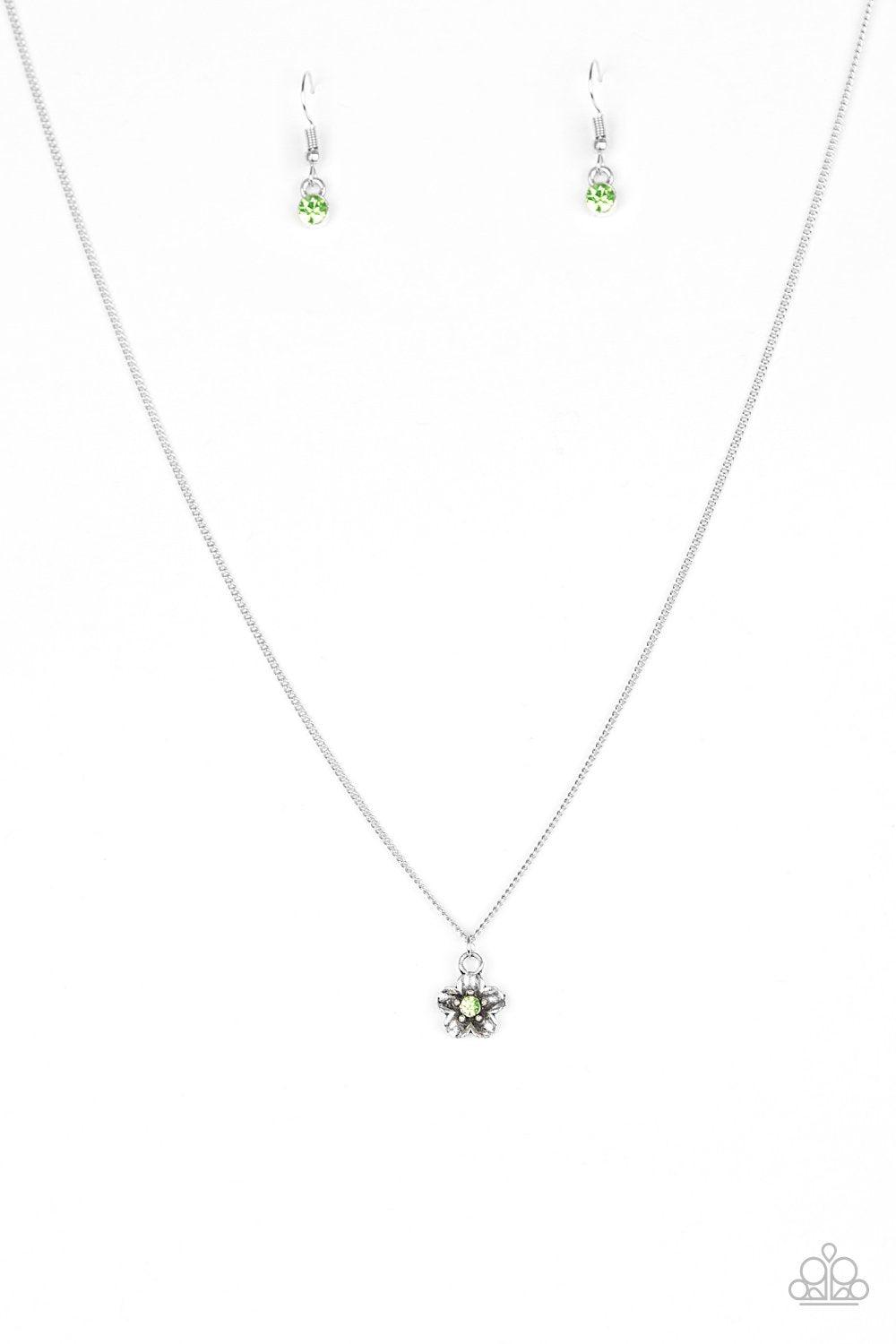 Boho Botanical Silver and Green Flower Necklace - Paparazzi Accessories-CarasShop.com - $5 Jewelry by Cara Jewels