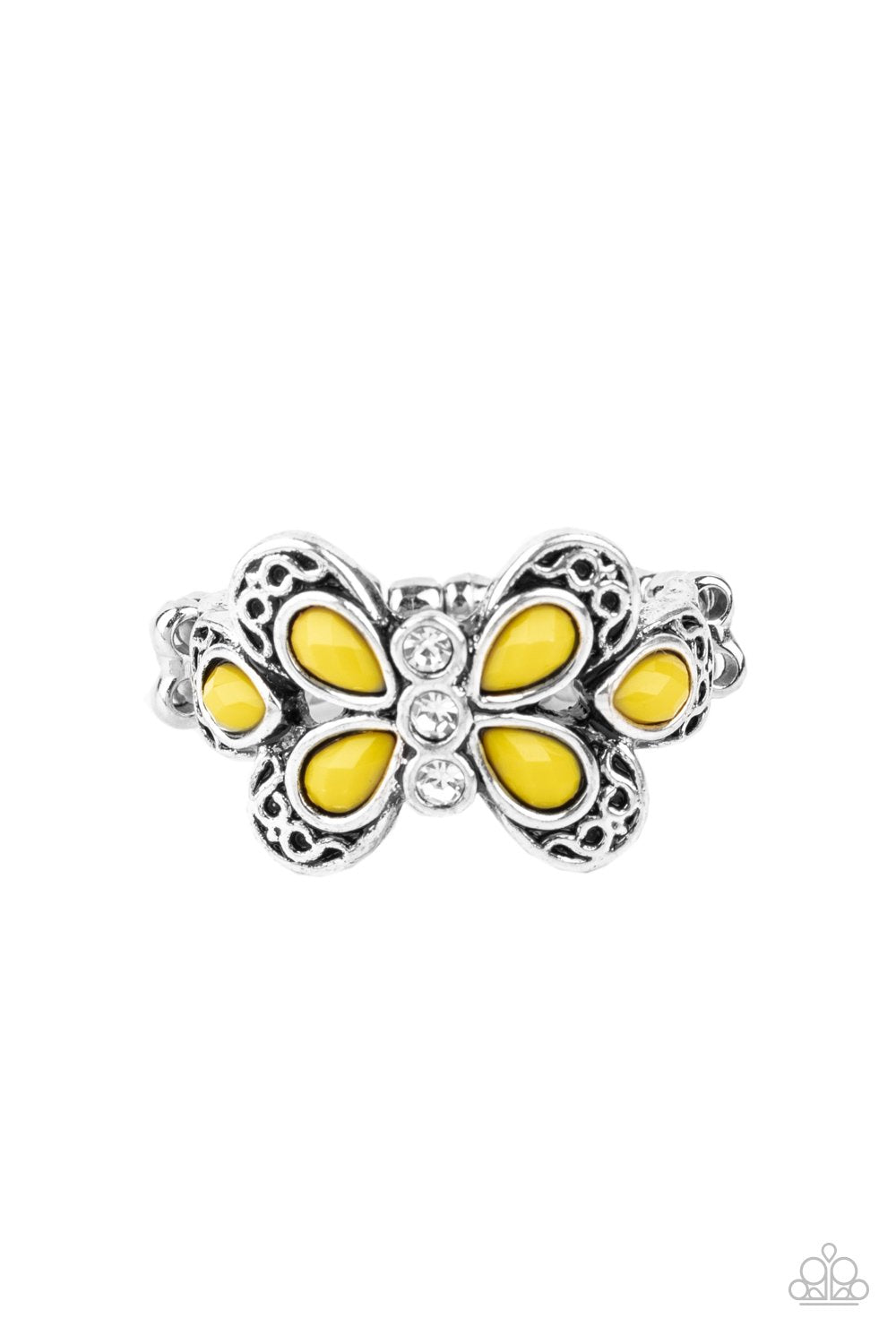 Boho Butterfly Yellow and White Ring - Paparazzi Accessories - lightbox -CarasShop.com - $5 Jewelry by Cara Jewels