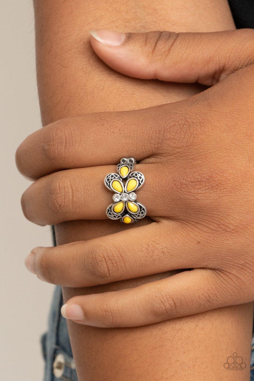 Boho Butterfly Yellow and White Ring - Paparazzi Accessories - model -CarasShop.com - $5 Jewelry by Cara Jewels