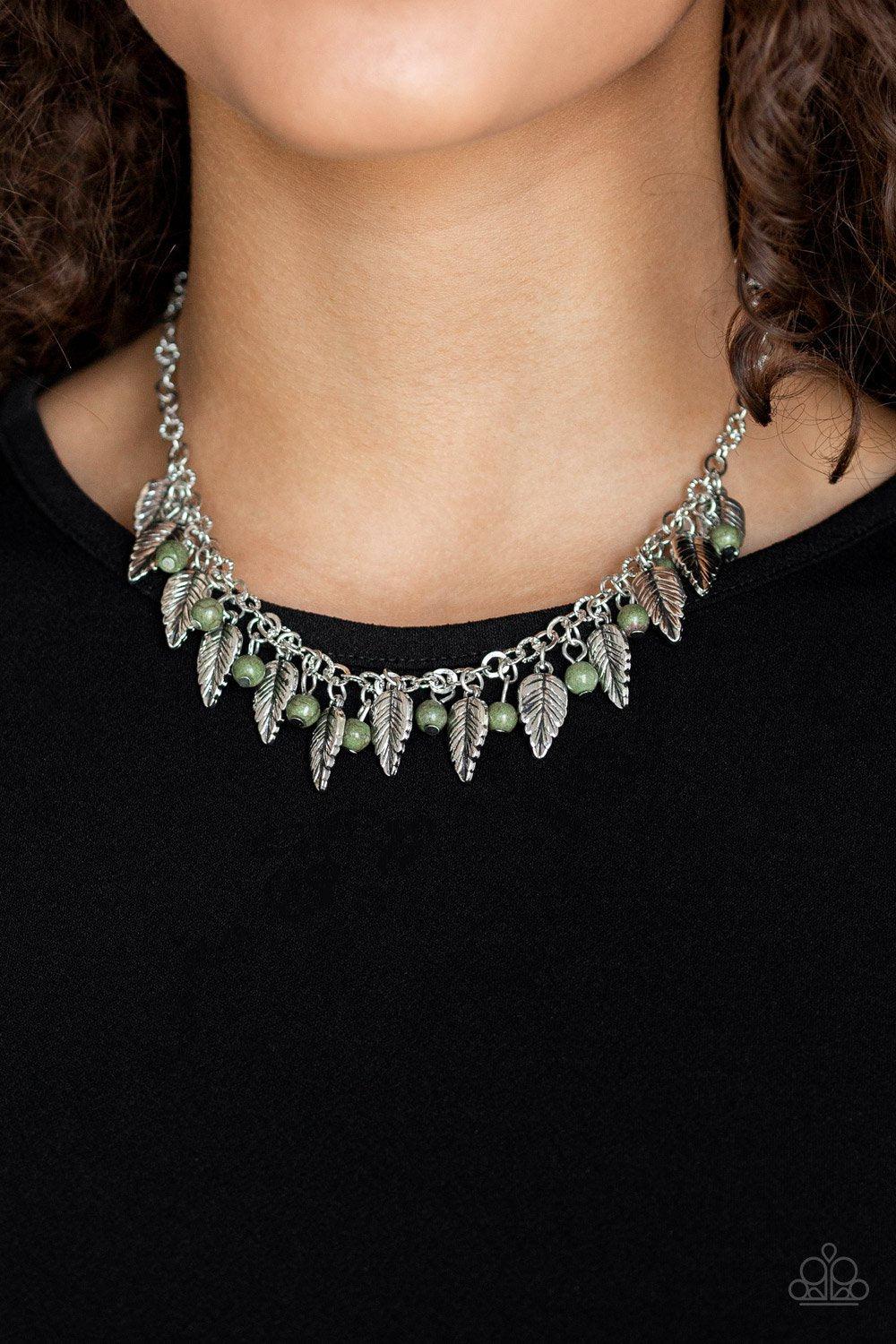 Boldly Airborne Green and Silver Feather Necklace - Paparazzi Accessories - model -CarasShop.com - $5 Jewelry by Cara Jewels