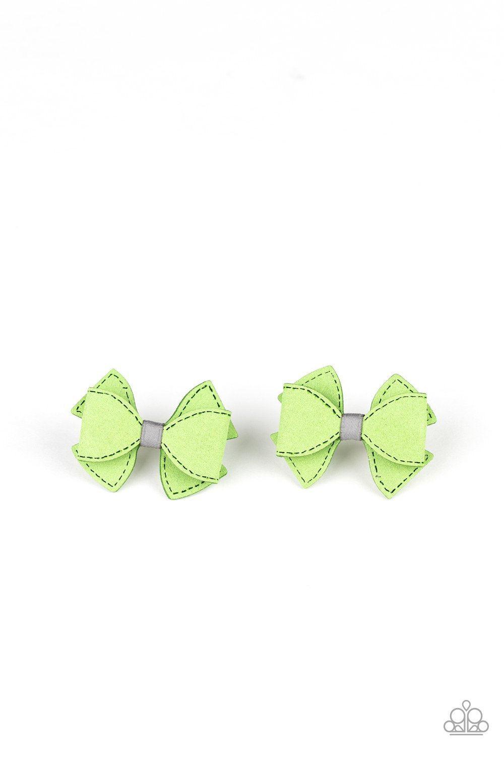 Boots and Bows Green Suede Hair Clips - Paparazzi Accessories-CarasShop.com - $5 Jewelry by Cara Jewels